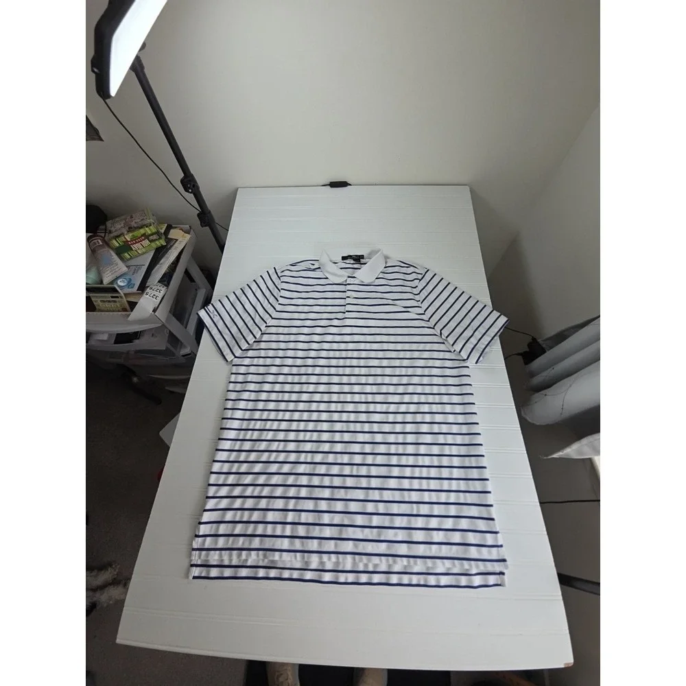 RLX Ralph‎ Lauren Polo Shirt Mens XL White BLUE Stripe Golf Performance Stretch